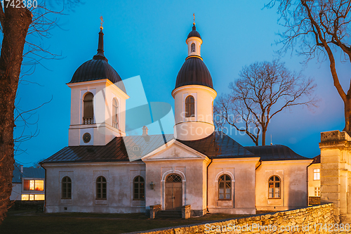 Image of Kuressaare, Estonia. Church Of St. Nicholas In Blue Hour Evening Night. Street