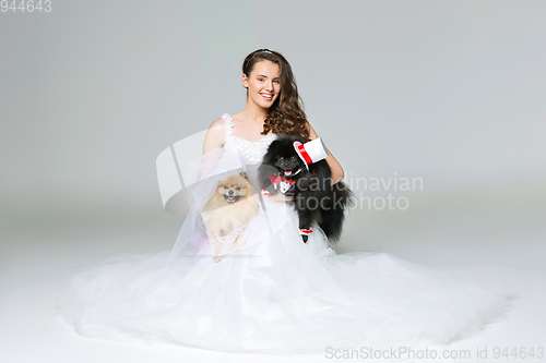 Image of bride girl with Spitz dog wedding couple