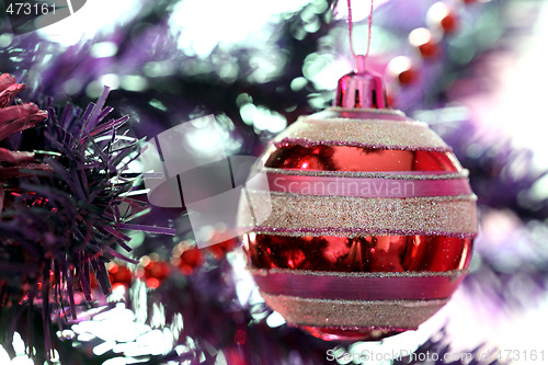 Image of Christmas ornaments on tree.