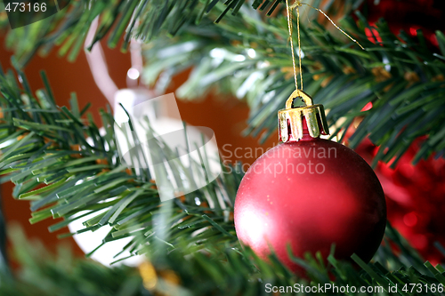 Image of Christmas ornaments on tree.