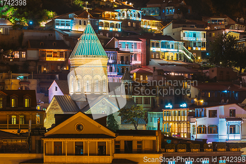 Image of Tbilisi, Georgia. Saint George Armenian Cathedral Of Tbilisi. Church In Evening Or Night Illumination. Famous Landmark. Tbilisi, Georgia. Saint George Armenian Cathedral Of Tbilisi. Church In Evening