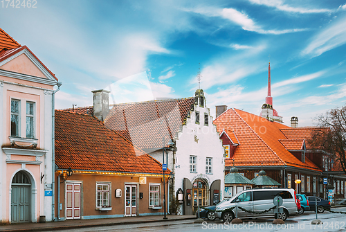 Image of Kuressaare, Estonia. Old Gross Weight Storage Building House Near Market In Tallinna Street. Altered Sky