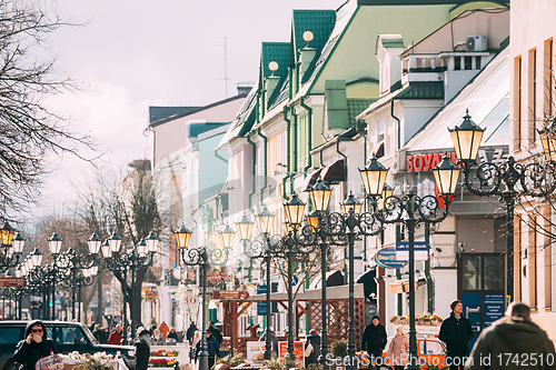 Image of Brest, Belarus. People Walking On Pedestrian Sovietskaya Street In Spring Day