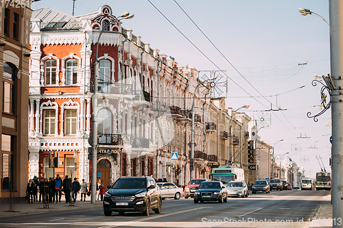 Image of Gomel, Belarus. Traffic on Sovetskaya street in spring sunny day.