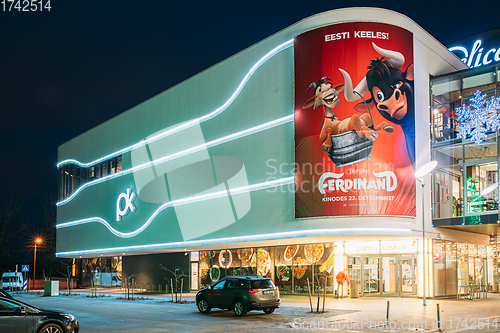 Image of Parnu, Estonia. Night View Of Port Artur shopping centre in Christmas Xmas New Year Illuminations Decorations