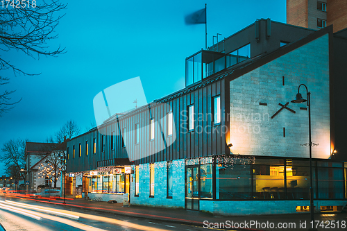 Image of Kuressaare, Saaremaa, Estonia. Night View Of shopping centre in night Illuminations