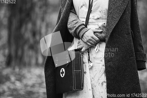 Image of German Deutsch nurse paramedic Of World War 2 uniform. black and white