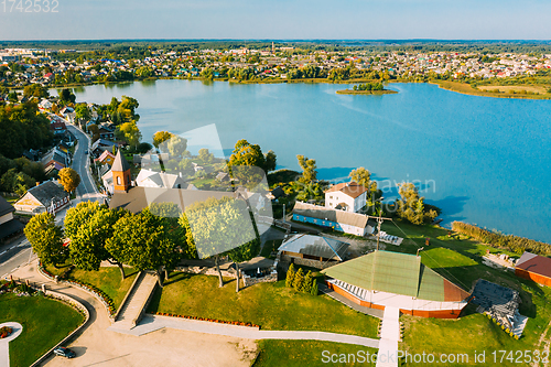 Image of Braslav, Braslaw District, Vitebsk Voblast, Belarus. Aerial View Of Church of the Nativity of the Virgin Mary. Novyaty Lake