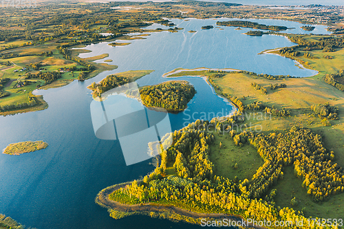 Image of Braslaw Or Braslau, Vitebsk Voblast, Belarus. Aerial View Of Nedrava Lake And Green Forest Landscape In Sunny Autumn Morning. Top View Of Beautiful European Nature From High Attitude. Bird\'s Eye View