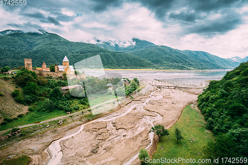 Image of Ananuri Georgia. Castle complex in about 72 kilometres from Tbilisi. Large tower Sheupovari is well preserved and is location of last defense of Aragvi against Shamshe. Round tower in ruins