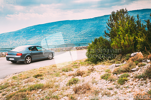 Image of Verdon, France. car on road In French mountain nature landscape the Gorges Du Verdon in France. Provence-Alpes-Cote D\'Azur, France