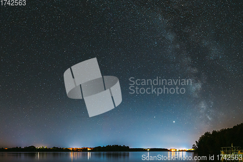 Image of Village Novoye Lyadno, Lyepyel District, Vitebsk Province, Belarus. Real Colorful Night Stars Above Lepel Lake. Natural Starry Sky Background Backdrop Landscape