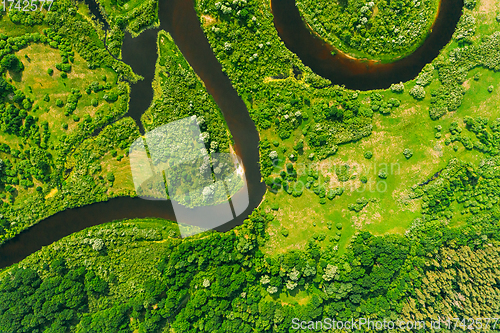 Image of Aerial View Of Summer Curved River Landscape In Sunny Summer Day. Top View Of Beautiful European Nature From High Attitude In Summer Season. Drone View. Bird\'s Eye View.