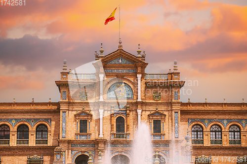 Image of Seville, Spain. Famous landmark - Plaza de Espana in Seville, Andalusia, Spain. Renaissance Revival style. Spain Square. Altered Sunset Sky