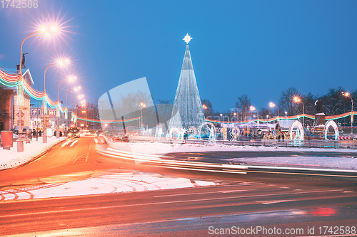 Image of Christmas Tree And Festive Illumination On Lenin Square In Gomel. New Year In Belarus.