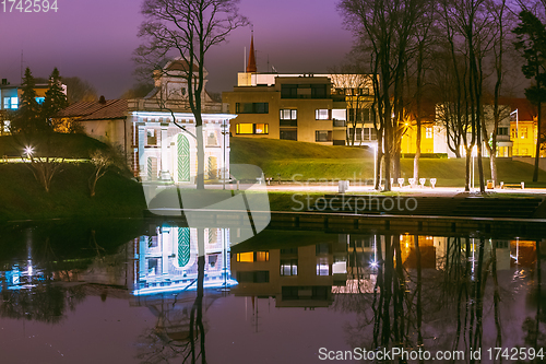 Image of Parnu, Estonia. Tallinn Gate Is Historical Fortification Of Parnu. 17th Century Gate. Night View