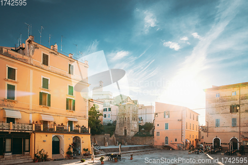 Image of Terracina, Italy. Piazza Municipio And View Of Castle Castello Frangipane In Upper Town In Sunset Sunrise Time