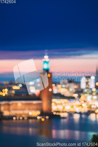 Image of Stockholm, Sweden. Night Skyline Abstract Boke Bokeh Background. Design Backdrop. Tower Of Stockholm City Hall