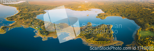 Image of Braslaw District, Vitebsk Voblast, Belarus. Aerial View Of Lakes, Green Forest Landscape. Top View Of Beautiful European Nature From High Attitude. Bird\'s Eye View. Famous Lakes. Panorama