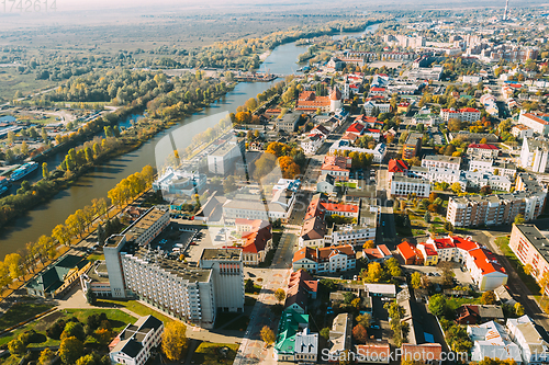 Image of Pinsk, Brest Region, Belarus. Pinsk Cityscape Skyline In Autumn Morning. Bird\'s-eye View Of Residential Districts And Downtown