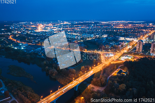 Image of Grodno, Belarus. Night Aerial Bird\'s-eye View Of Hrodna Cityscape Skyline. Residential District