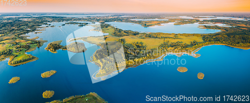 Image of Braslaw Or Braslau, Vitebsk Voblast, Belarus. Aerial View Of Nedrava Lake And Green Forest Landscape In Sunny Summer Morning. Top View Of Beautiful European Nature From High Attitude. Bird\'s Eye View