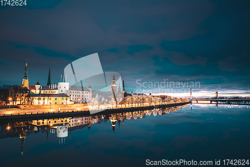 Image of Riga, Latvia, Europe. Cityscape In Morning Time. Night View Of Castle, Dome Cathedral And St. Peter\'s Church. Popular Place With Famous Landmarks. UNESCO. Old Town In Street Christmas Decoration