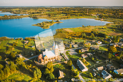 Image of Ikazn, Braslaw District, Vitebsk Voblast, Belarus. Aerial View Of Church of the Body of God