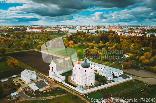 Image of Mahiliou, Belarus. Mogilev Cityscape With Famous Landmark St. Nicholas Monastery. Aerial View Of Skyline In Autumn Day. Bird\'s-eye View