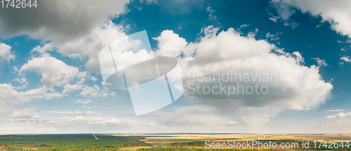 Image of Aerial View Of Rain Clouds Above Coniferous Forest Pines Woods Landscape In Early Spring Day. Top View Of Beautiful European Nature From Attitude. Drone View. Bird\'s Eye View