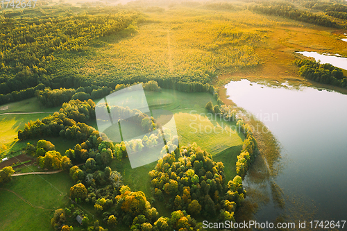 Image of Aerial View Of Green Forest And Meadow Hill Landscape Near River. Top View Of Beautiful Nature From High Attitude.