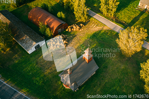 Image of Perebrod\'ye, Braslaw District, Vitebsk Voblast, Belarus. Aerial View Of Catholic Temple of the Heart of Jesus