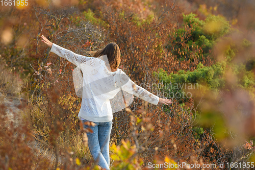 Image of Slender beautiful girl walks through the forest making her hands an airplane, a view from the back