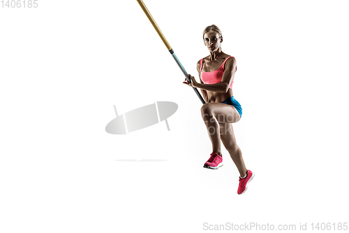 Image of Female pole vaulter training on white studio background