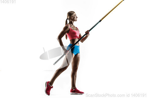 Image of Female pole vaulter training on white studio background