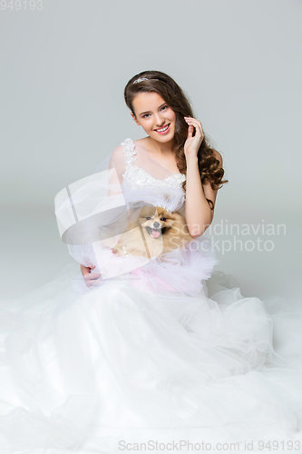 Image of beautiful bride girl with spitz bride on gray background