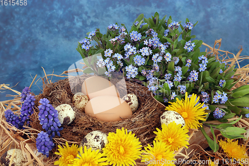 Image of Spring Season Composition with Fresh Eggs and Flowers