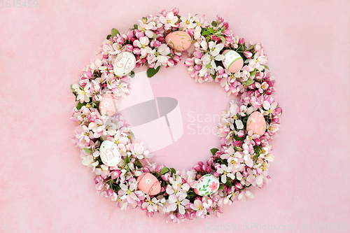 Image of Easter Wreath with Apple Blossom and Decorated Eggs  