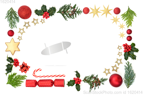 Image of Christmas Border Composition with Flora and Baubles