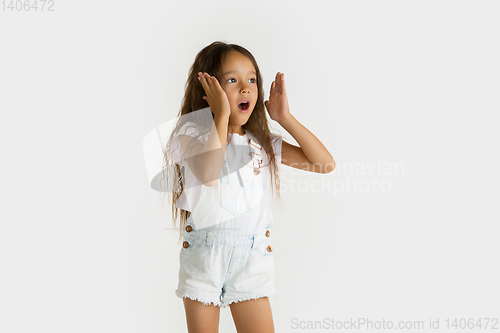 Image of Portrait of little girl isolated on white studio background