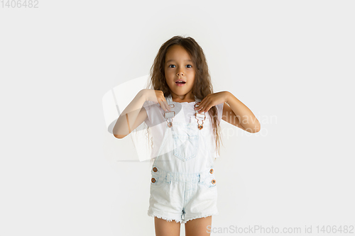 Image of Portrait of little girl isolated on white studio background