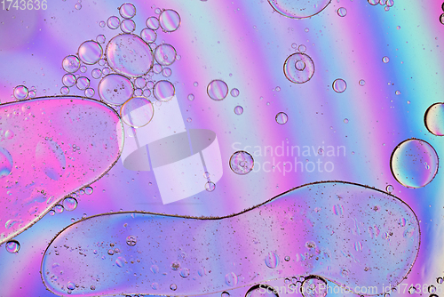 Image of Holographic colorful abstract background with oil drops on water