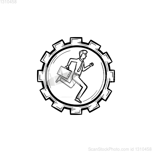 Image of Man running in the gear hand drawn sketch icon.