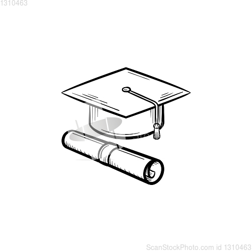 Image of Cap of graduate and certificate hand drawn icon.