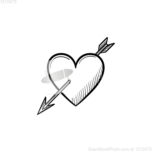 Image of Love heart with cupid arrow hand drawn sketch icon