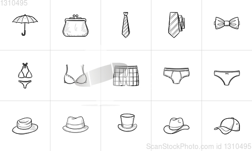 Image of Clothing and accessory sketch icon set.