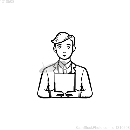 Image of Man with electronic tablet hand drawn sketch icon.