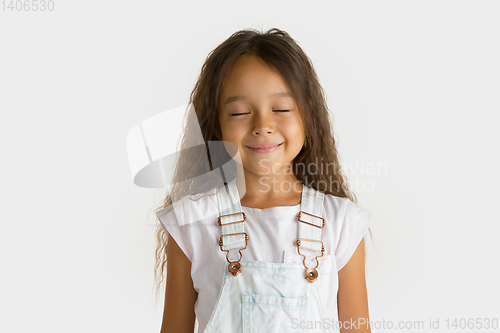 Image of Portrait of little girl isolated on white studio background