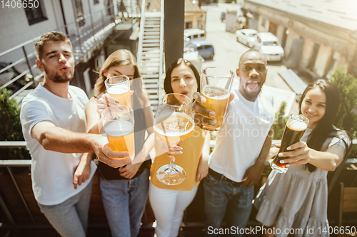 Image of Young group of friends drinking beer and celebrating together