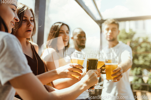 Image of Young group of friends drinking beer and celebrating together